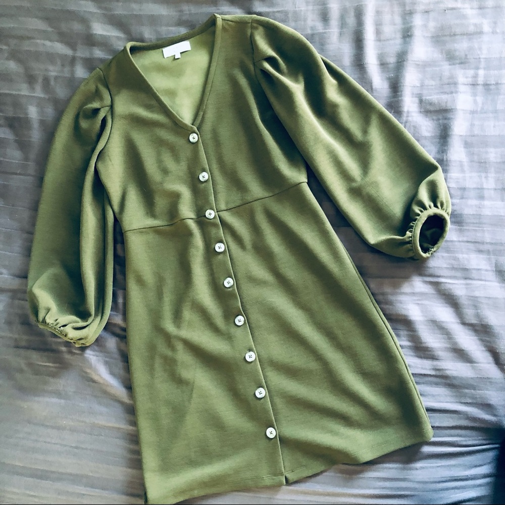 MADEWELL Texture & Thread Crepe Balloon-Sleeve Dress olive green color